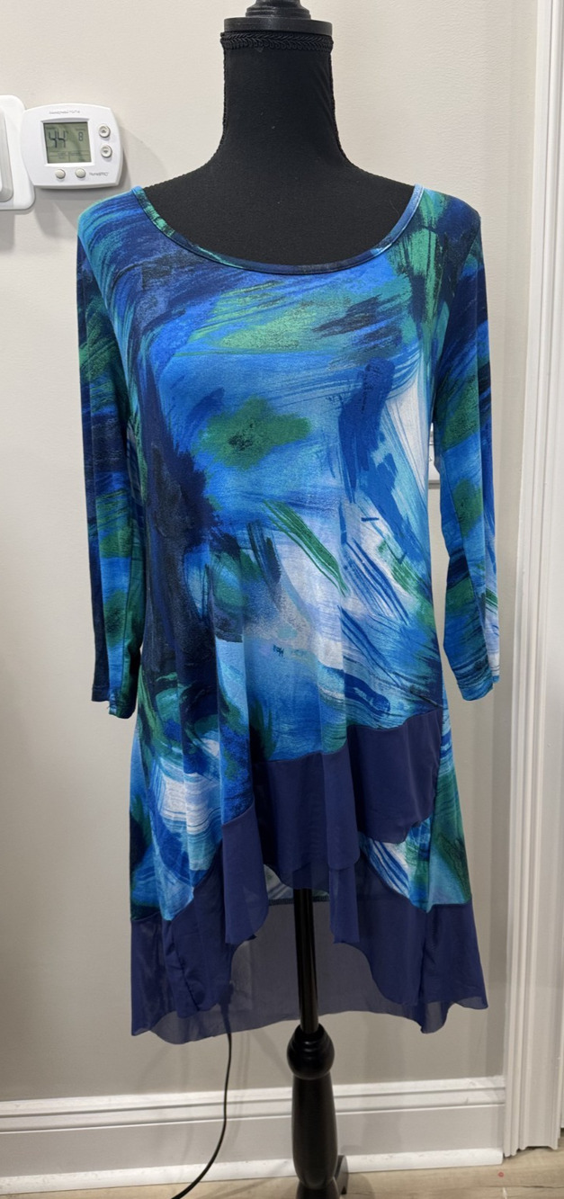 NWT Neiman Marcus Abstract Blue Mesh Hem Tunic Top Dress Small Artsy Resort